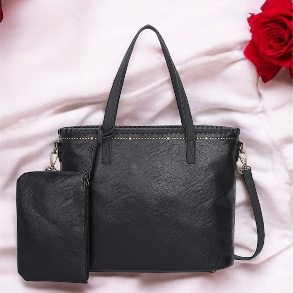 Boho Carrie Black Shoulder bag with studs Women's Tote Bag with Pouch